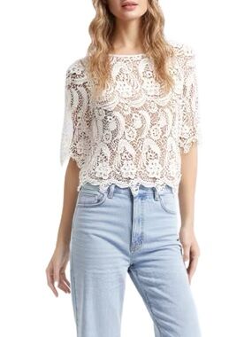 Bebe White Crochet Lace Top with Keyhole Back and Scalloped Hem Size XS
